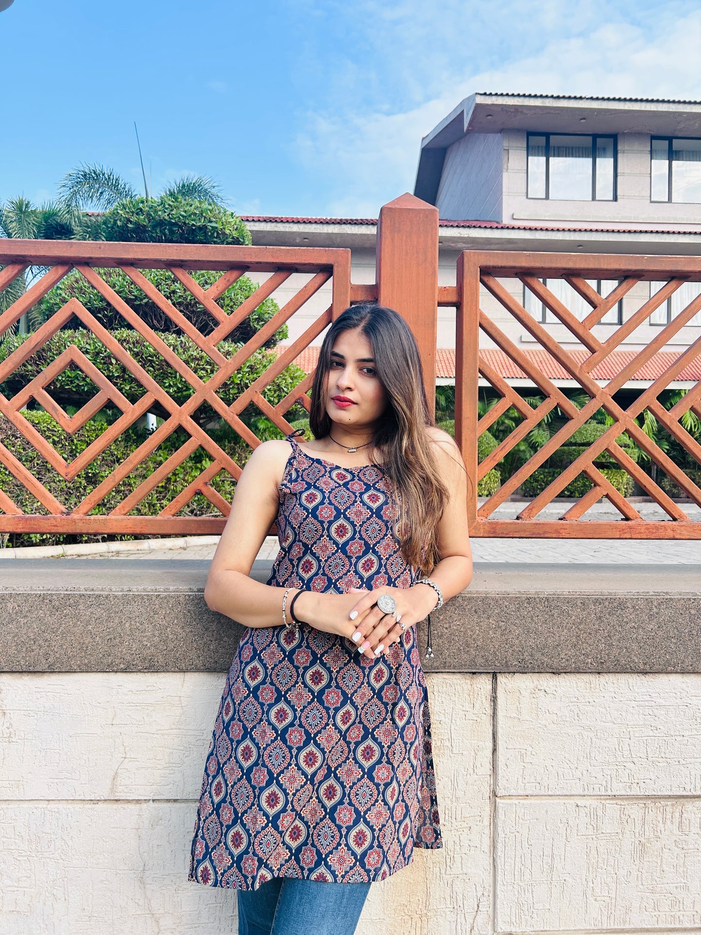 Indigo Ajrak Strip Kurti