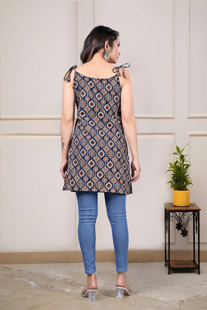 Indigo Ajrak Strip Kurti