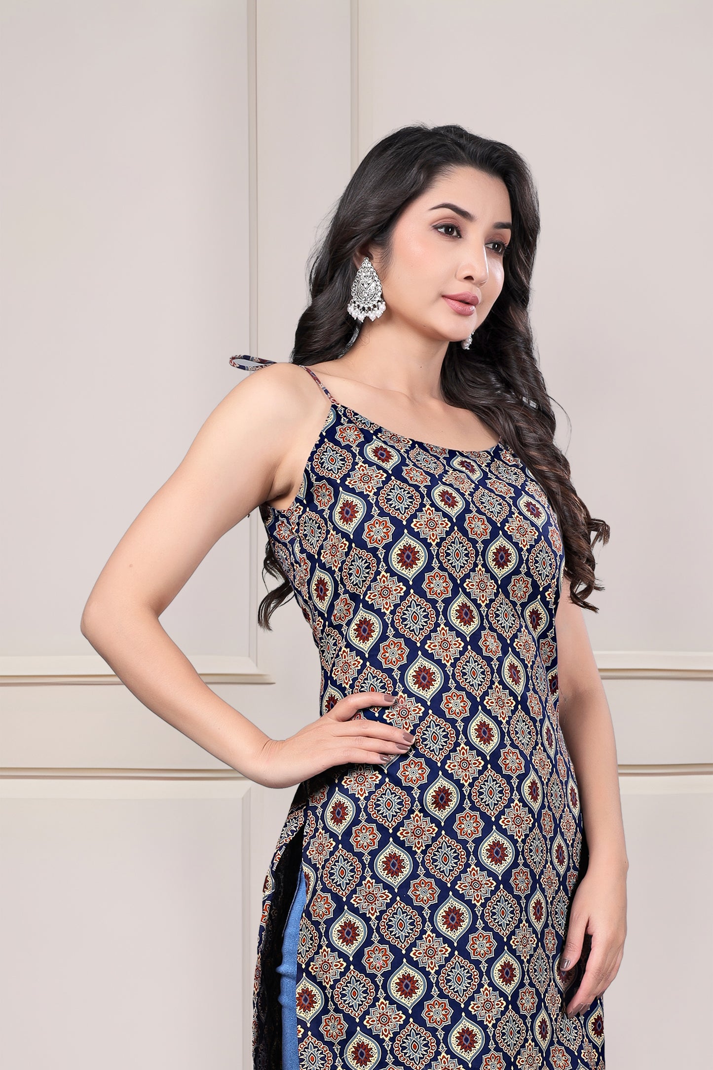 Indigo Ajrak Strip Kurti