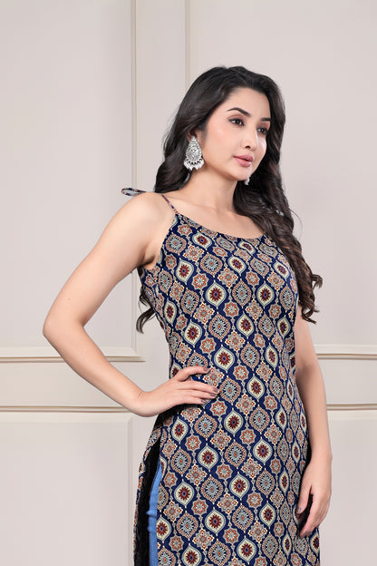 Indigo Ajrak Strip Kurti