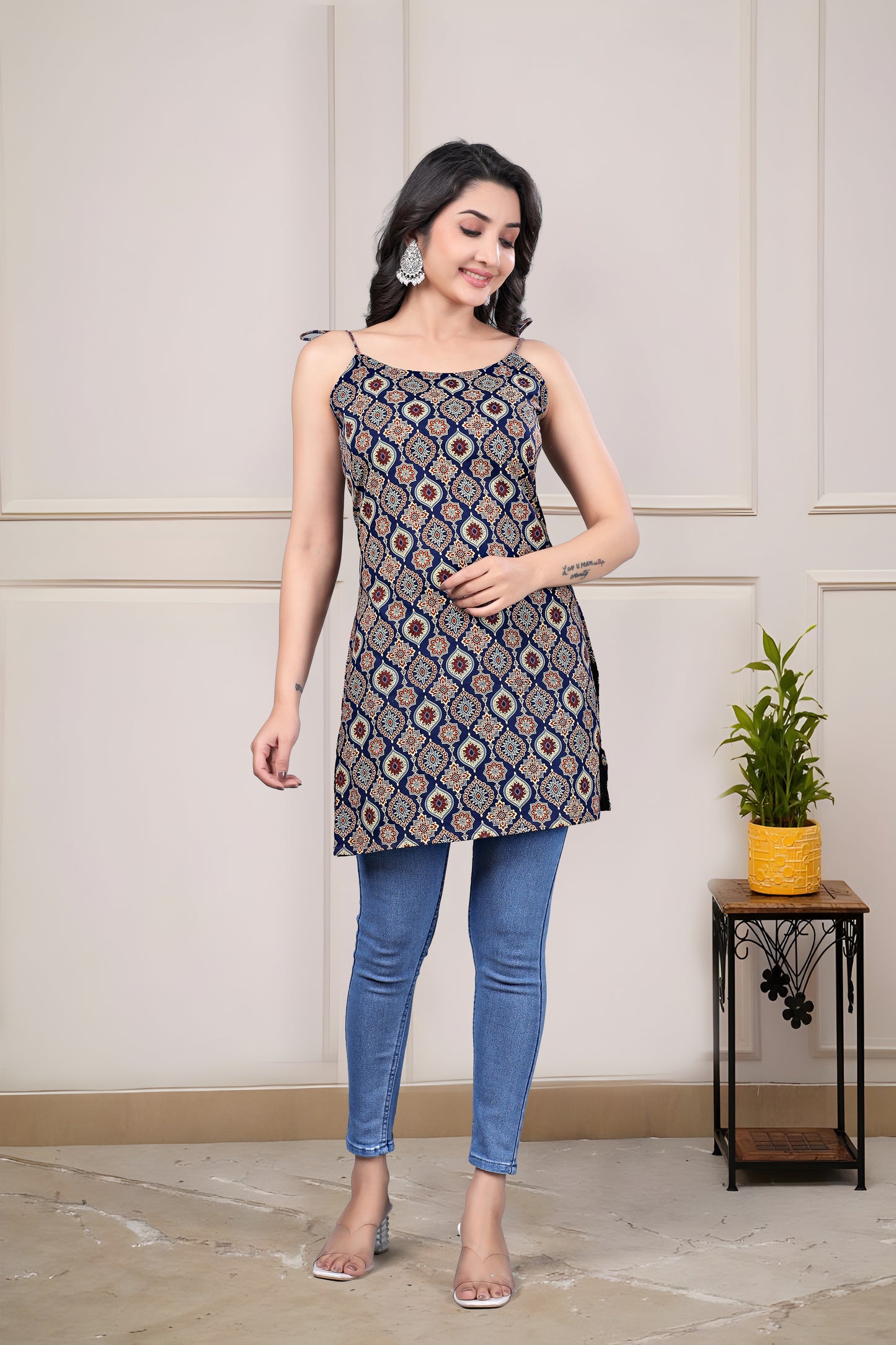 Indigo Ajrak Strip Kurti