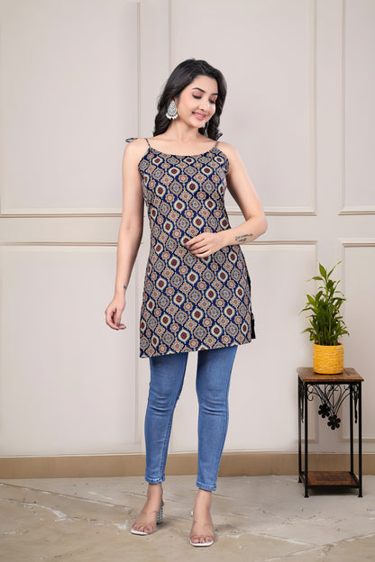 Indigo Ajrak Strip Kurti