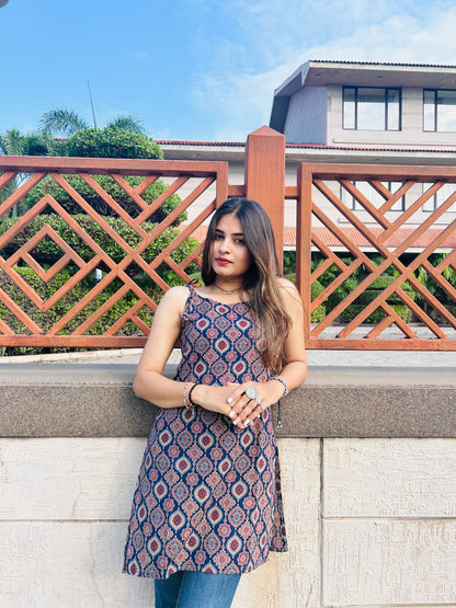 Indigo Ajrak Strip Kurti