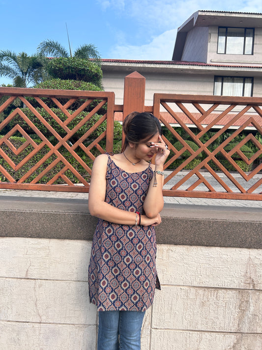 Indigo Ajrak Strip Kurti