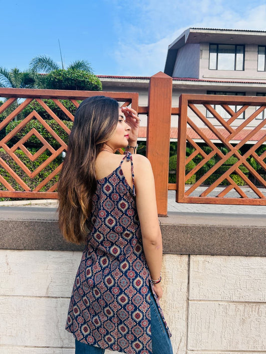Indigo Ajrak Strip Kurti